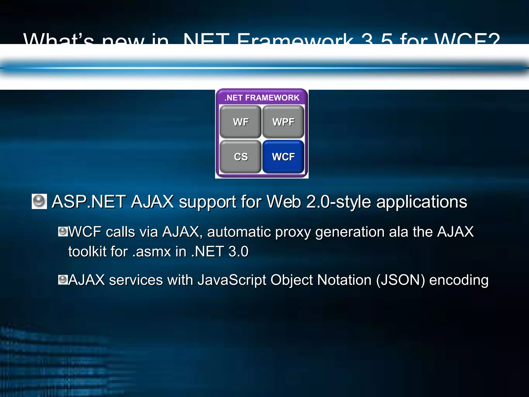 What’s new in .NET Framework 3.5 for WCF? ASP.NET AJAX support for Web 2.0-style applications WCF calls via AJAX, automatic proxy generation ala the AJAX toolkit for .asmx in .NET 3.0 AJAX services with JavaScript Object Notation (JSON) encoding .NET FRAMEWORK WPF WF WCF CS 