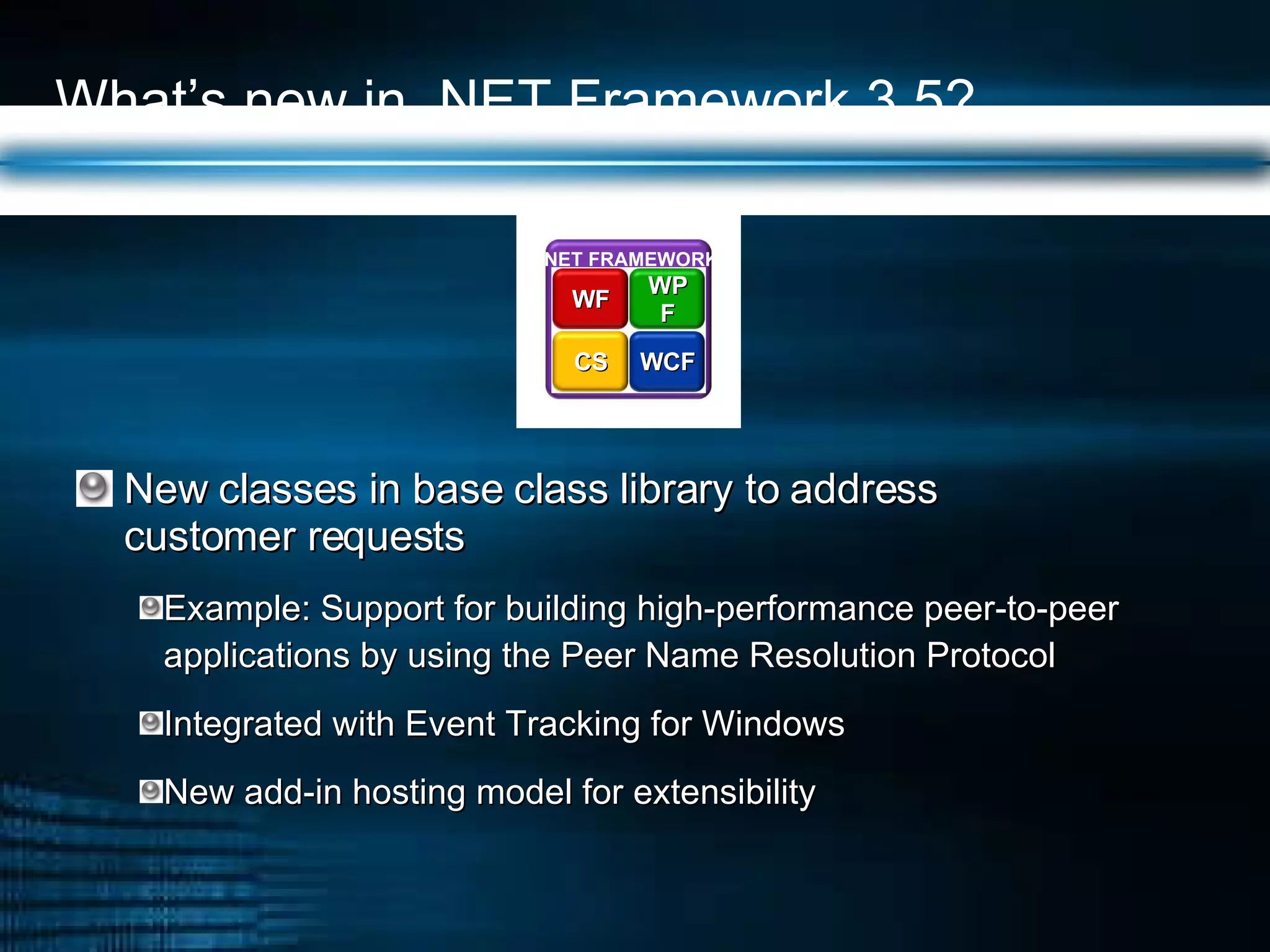 What’s new in .NET Framework 3.5? New classes in base class library to address  customer requests Example: Support for building high-performance peer-to-peer applications by using the Peer Name Resolution Protocol Integrated with Event Tracking for Windows New add-in hosting model for extensibility .NET FRAMEWORK WPF WF WCF CS 