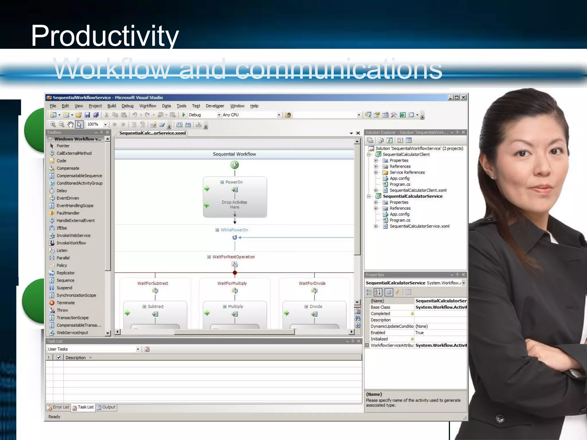 Productivity Workflow and communications Workflow and Communication Framework Workflows for business processes Hook code into workflow events Unified programming model for a variety of communications  Supporting a heterogeneous services architecture is complex Challenge Solution 