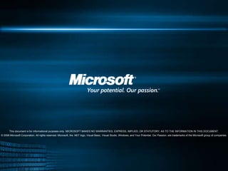 This document is for informational purposes only. MICROSOFT MAKES NO WARRANTIES, EXPRESS, IMPLIED, OR STATUTORY, AS TO THE INFORMATION IN THIS DOCUMENT. © 2008 Microsoft Corporation. All rights reserved. Microsoft, the .NET logo, Visual Basic, Visual Studio, Windows, and Your Potential. Our Passion. are trademarks of the Microsoft group of companies. 