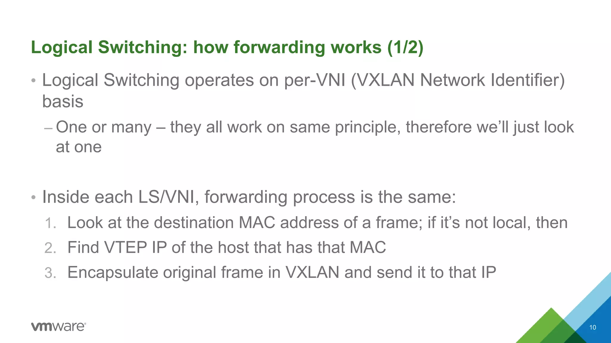 Logical Switching: how forwarding works (1/2)
• Logical Switching operates on per-VNI (VXLAN Network Identifier)
basis
– One or many – they all work on same principle, therefore we’ll just look
at one
• Inside each LS/VNI, forwarding process is the same:
1. Look at the destination MAC address of a frame; if it’s not local, then
2. Find VTEP IP of the host that has that MAC
3. Encapsulate original frame in VXLAN and send it to that IP
10
 