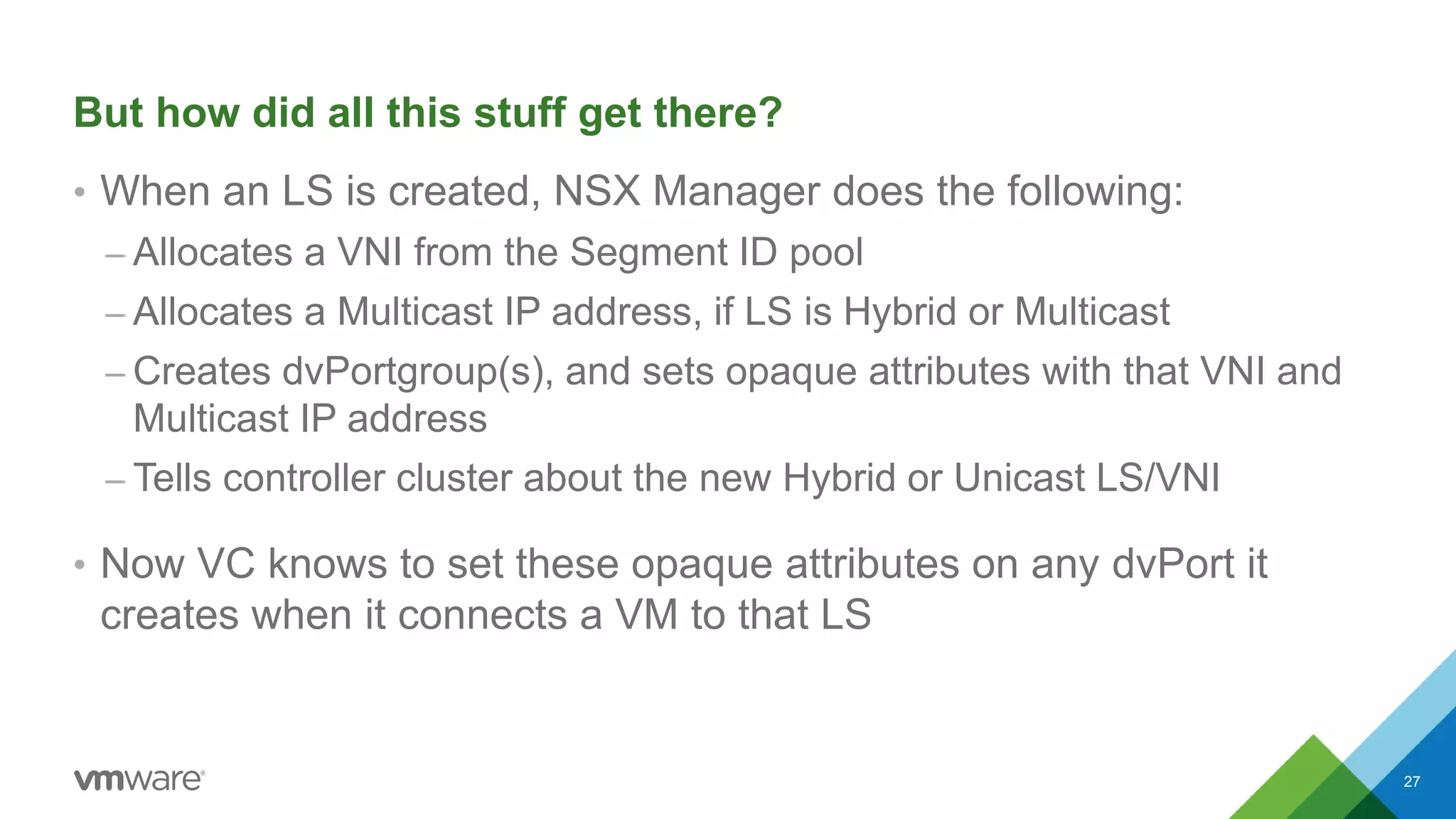But how did all this stuff get there?
• When an LS is created, NSX Manager does the following:
– Allocates a VNI from the Segment ID pool
– Allocates a Multicast IP address, if LS is Hybrid or Multicast
– Creates dvPortgroup(s), and sets opaque attributes with that VNI and
Multicast IP address
– Tells controller cluster about the new Hybrid or Unicast LS/VNI
• Now VC knows to set these opaque attributes on any dvPort it
creates when it connects a VM to that LS
27
 