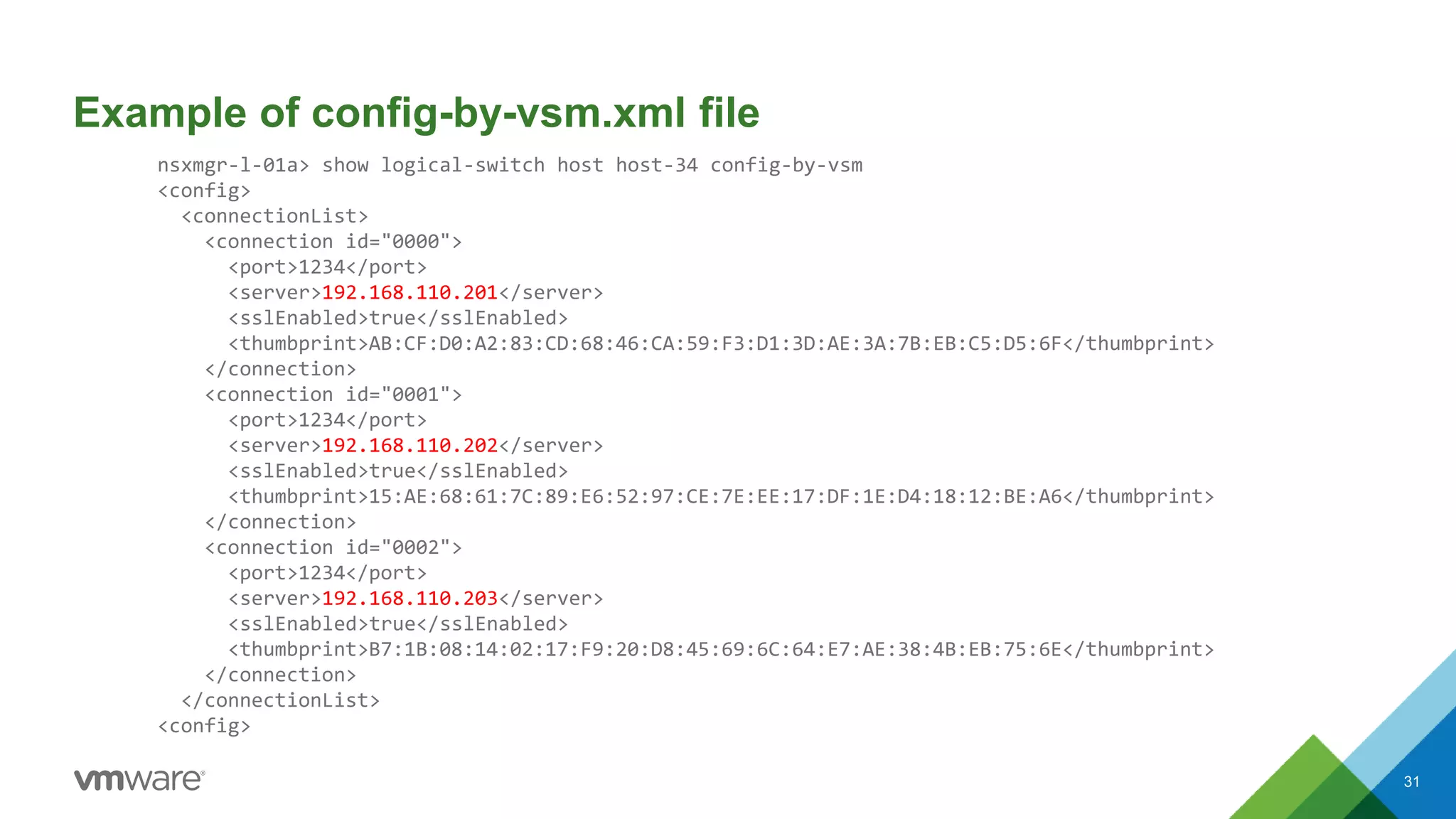 Example of config-by-vsm.xml file
nsxmgr-l-01a> show logical-switch host host-34 config-by-vsm
<config>
<connectionList>
<connection id="0000">
<port>1234</port>
<server>192.168.110.201</server>
<sslEnabled>true</sslEnabled>
<thumbprint>AB:CF:D0:A2:83:CD:68:46:CA:59:F3:D1:3D:AE:3A:7B:EB:C5:D5:6F</thumbprint>
</connection>
<connection id="0001">
<port>1234</port>
<server>192.168.110.202</server>
<sslEnabled>true</sslEnabled>
<thumbprint>15:AE:68:61:7C:89:E6:52:97:CE:7E:EE:17:DF:1E:D4:18:12:BE:A6</thumbprint>
</connection>
<connection id="0002">
<port>1234</port>
<server>192.168.110.203</server>
<sslEnabled>true</sslEnabled>
<thumbprint>B7:1B:08:14:02:17:F9:20:D8:45:69:6C:64:E7:AE:38:4B:EB:75:6E</thumbprint>
</connection>
</connectionList>
<config>
31
 