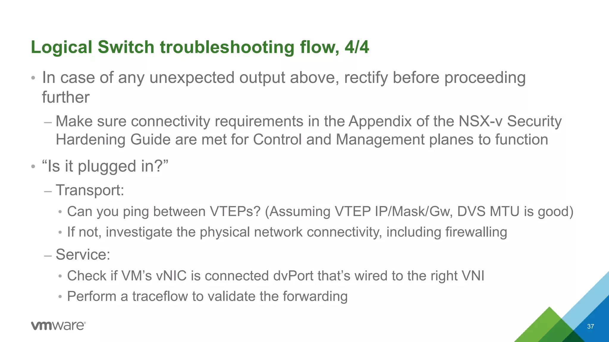 Logical Switch troubleshooting flow, 4/4
• In case of any unexpected output above, rectify before proceeding
further
– Make sure connectivity requirements in the Appendix of the NSX-v Security
Hardening Guide are met for Control and Management planes to function
• “Is it plugged in?”
– Transport:
• Can you ping between VTEPs? (Assuming VTEP IP/Mask/Gw, DVS MTU is good)
• If not, investigate the physical network connectivity, including firewalling
– Service:
• Check if VM’s vNIC is connected dvPort that’s wired to the right VNI
• Perform a traceflow to validate the forwarding
37
 