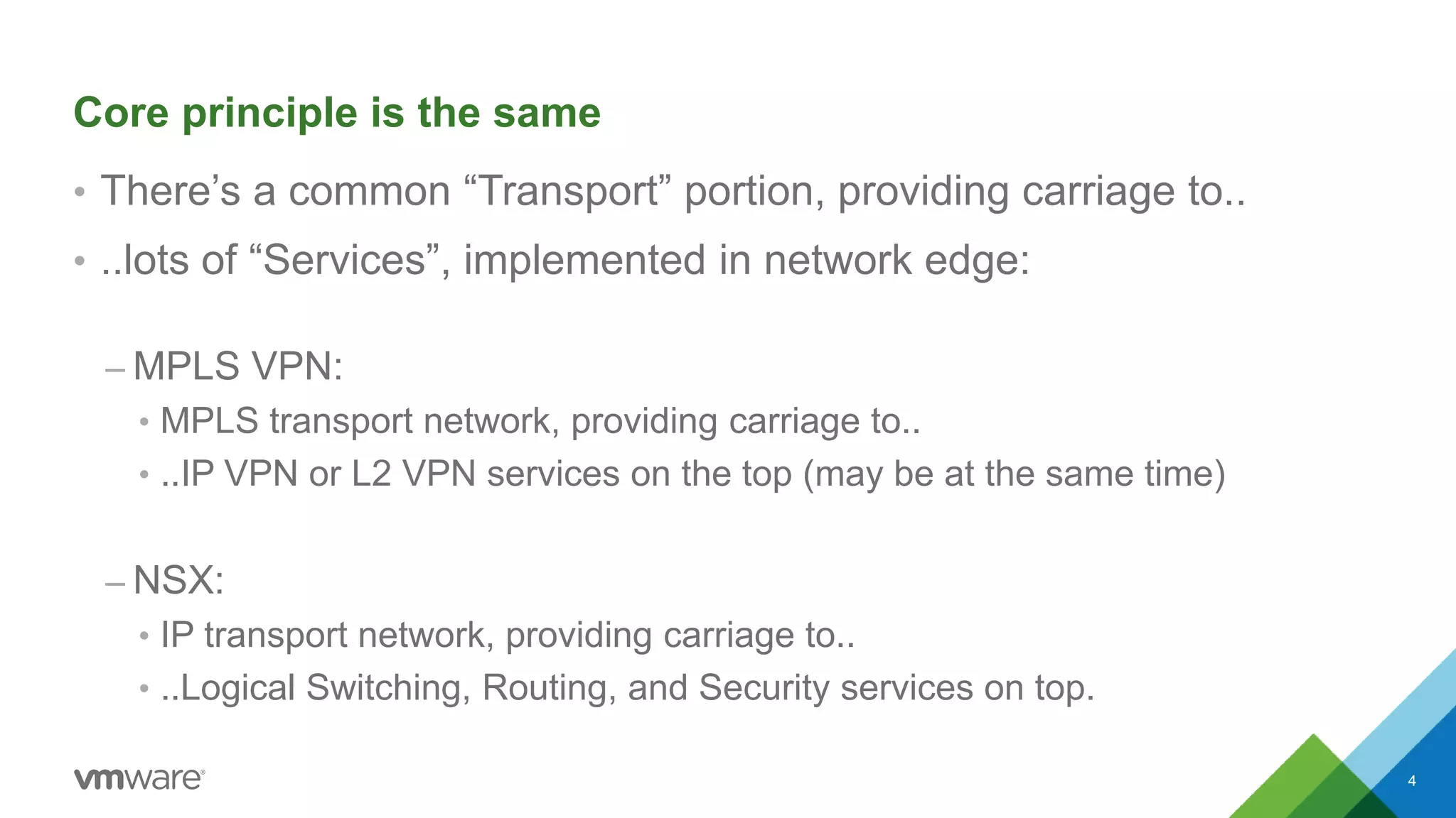 Core principle is the same
• There’s a common “Transport” portion, providing carriage to..
• ..lots of “Services”, implemented in network edge:
– MPLS VPN:
• MPLS transport network, providing carriage to..
• ..IP VPN or L2 VPN services on the top (may be at the same time)
– NSX:
• IP transport network, providing carriage to..
• ..Logical Switching, Routing, and Security services on top.
4
 