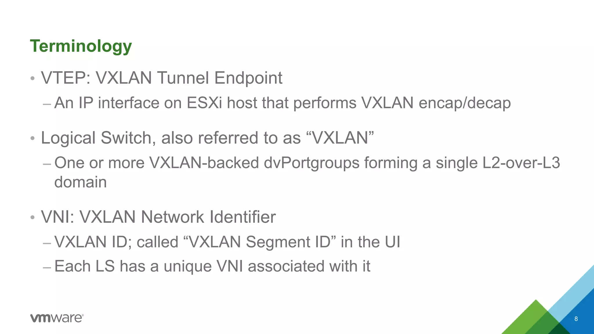 Terminology
• VTEP: VXLAN Tunnel Endpoint
– An IP interface on ESXi host that performs VXLAN encap/decap
• Logical Switch, also referred to as “VXLAN”
– One or more VXLAN-backed dvPortgroups forming a single L2-over-L3
domain
• VNI: VXLAN Network Identifier
– VXLAN ID; called “VXLAN Segment ID” in the UI
– Each LS has a unique VNI associated with it
8
 