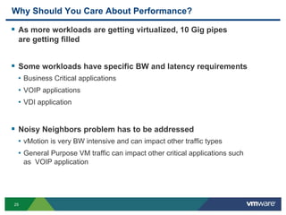 25
Why Should You Care About Performance?
 As more workloads are getting virtualized, 10 Gig pipes
are getting filled
 Some workloads have specific BW and latency requirements
• Business Critical applications
• VOIP applications
• VDI application
 Noisy Neighbors problem has to be addressed
• vMotion is very BW intensive and can impact other traffic types
• General Purpose VM traffic can impact other critical applications such
as VOIP application
 