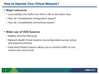 36
How to Operate Your Virtual Network?
 Major concerns
• Lost visibility into traffic from VM to VM on the same Host
• How do I troubleshoot configuration issues?
• How do I troubleshoot connectivity issues?
 Make use of VDS features
• Netflow and Port Mirroring
• Network Health Check detects mis-configuration across virtual
and physical switches
• Host level Packet Capture allows you to monitor traffic at vnic,
vmknic and vmnic level
 
