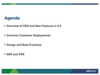 4
Agenda
 Overview of VDS and New Features in 5.5
 Common Customer Deployments
 Design and Best Practices
 NSX and VDS
 