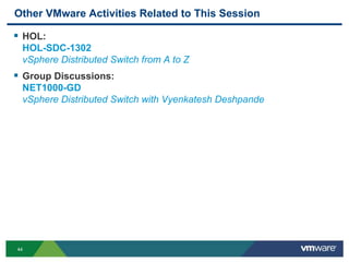44
Other VMware Activities Related to This Session
 HOL:
HOL-SDC-1302
vSphere Distributed Switch from A to Z
 Group Discussions:
NET1000-GD
vSphere Distributed Switch with Vyenkatesh Deshpande
 