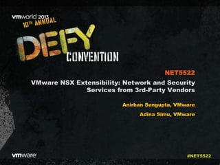 VMware NSX Extensibility: Network and Security
Services from 3rd-Party Vendors
Anirban Sengupta, VMware
Adina Simu, VMware
NET5522
#NET5522
 