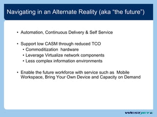 Navigating in an Alternate Reality (aka “the future”)
• Automation, Continuous Delivery & Self Service
• Support low CASM through reduced TCO
• Commoditization hardware
• Leverage Virtualize network components
• Less complex information environments
• Enable the future workforce with service such as Mobile
Workspace, Bring Your Own Device and Capacity on Demand
 