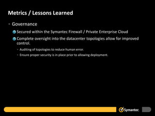 • Governance
– Secured within the Symantec Firewall / Private Enterprise Cloud
– Complete oversight into the datacenter topologies allow for improved
control.
• Auditing of topologies to reduce human error.
• Ensure proper security is in place prior to allowing deployment.
Metrics / Lessons Learned
 
