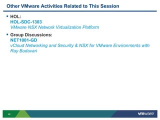 46
Other VMware Activities Related to This Session
 HOL:
HOL-SDC-1303
VMware NSX Network Virtualization Platform
 Group Discussions:
NET1001-GD
vCloud Networking and Security & NSX for VMware Environments with
Ray Budavari
 