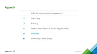 Agenda
1 NSX Architecture and Components
2 Switching
3 Routing
4 Distributed Firewall & Micro-Segmentation
5 Services
6 Summary & Next Steps
CONFIDENTIAL 40
 