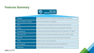 Features Summary
NSX Edge
Gateway Services
Rule configuration with IP, Port ranges, Grouping Objects, VC ContainersFirewall
Configuration of IP Pools, gateways, DNS servers and search domains.DHCP
IPSec site to site VPN between two Edges or other vendor VPN terminators.Site-to-Site VPN
Stretch your layer 2 across datacenters.L2VPN
Allow remote users to access the private networks behind Edge GSW.SSL VPN
Configure Virtual Servers and backend pools using IP addresses or VC ObjectsLoad Balancing
Source and Destination NAT capabilities.Network Address Translation
Active-Standby HA capability which works well with vSphere HA.High Availability
Static as well as Dynamic Routing protocols support (OSPF, BGP, ISIS)Routing
Allow configuring DNS relay and remote syslog servers.DNS/Syslog
 