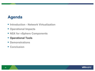 1616
Agenda
 Introduction - Network Virtualization
 Operational Impacts
 NSX for vSphere Components
 Operational Tools
 Demonstrations
 Conclusion
 