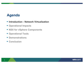 22
Agenda
 Introduction - Network Virtualization
 Operational Impacts
 NSX for vSphere Components
 Operational Tools
 Demonstrations
 Conclusion
 