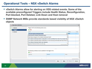 2222
Operational Tools – NSX vSwitch Alarms
 vSwitch Alarms allow for alerting on VDS related events. Some of the
available preconfigured Triggers include Health Status, Reconfiguration,
Port blocked, Port Deleted, Link Down and Host removal
 SNMP Network MIBs provide standards based visibility of NSX vSwitch
objects
 