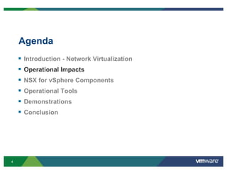 44
Agenda
 Introduction - Network Virtualization
 Operational Impacts
 NSX for vSphere Components
 Operational Tools
 Demonstrations
 Conclusion
 