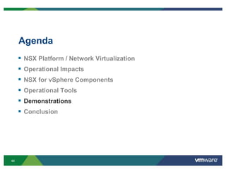 4444
Agenda
 NSX Platform / Network Virtualization
 Operational Impacts
 NSX for vSphere Components
 Operational Tools
 Demonstrations
 Conclusion
 