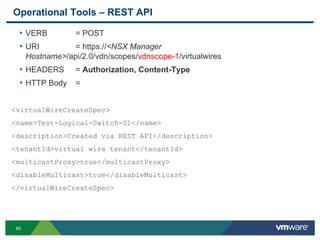 6060
Operational Tools – REST API
• VERB = POST
• URI = https://<NSX Manager
Hostname>/api/2.0/vdn/scopes/vdnscope-1/virtualwires
• HEADERS = Authorization, Content-Type
• HTTP Body =
<virtualWireCreateSpec>
<name>Test-Logical-Switch-01</name>
<description>Created via REST API</description>
<tenantId>virtual wire tenant</tenantId>
<multicastProxy>true</multicastProxy>
<disableMulticast>true</disableMulticast>
</virtualWireCreateSpec>
 
