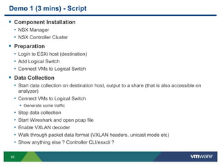6262
Demo 1 (3 mins) - Script
 Component Installation
• NSX Manager
• NSX Controller Cluster
 Preparation
• Login to ESXi host (destination)
• Add Logical Switch
• Connect VMs to Logical Switch
 Data Collection
• Start data collection on destination host, output to a share (that is also accessible on
analyzer)
• Connect VMs to Logical Switch
• Generate some traffic
• Stop data collection
• Start Wireshark and open pcap file
• Enable VXLAN decoder
• Walk through packet data format (VXLAN headers, unicast mode etc)
• Show anything else ? Controller CLI/esxcli ?
 