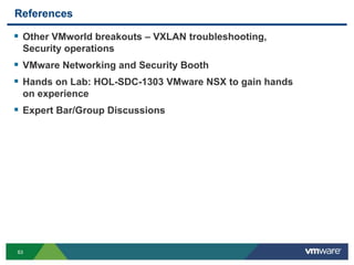 6363
References
 Other VMworld breakouts – VXLAN troubleshooting,
Security operations
 VMware Networking and Security Booth
 Hands on Lab: HOL-SDC-1303 VMware NSX to gain hands
on experience
 Expert Bar/Group Discussions
 