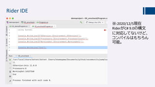 Rider IDE
※:2020/12/5現在
RiderがC# 9.0の構文
に対応してないけど、
コンパイルはもちろん
可能。
 