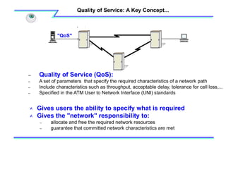 Quality of Service: A Key Concept...
– Quality of Service (QoS):
– A set of parameters that specify the required characteristics of a network path
– Include characteristics such as throughput, acceptable delay, tolerance for cell loss,...
– Specified in the ATM User to Network Interface (UNI) standards
 Gives users the ability to specify what is required
 Gives the "network" responsibility to:
– allocate and free the required network resources
– guarantee that committed network characteristics are met
"QoS"
 
