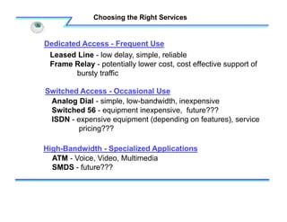 Choosing the Right Services
Switched Access - Occasional Use
Dedicated Access - Frequent Use
High-Bandwidth - Specialized Applications
Leased Line - low delay, simple, reliable
Frame Relay - potentially lower cost, cost effective support of
bursty traffic
Analog Dial - simple, low-bandwidth, inexpensive
Switched 56 - equipment inexpensive, future???
ISDN - expensive equipment (depending on features), service
pricing???
ATM - Voice, Video, Multimedia
SMDS - future???
 