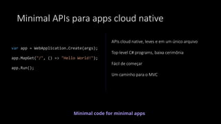 APIs cloud native, leves e em um único arquivo
Top-level C# programs, baixa cerimônia
Fácil de começar
Um caminho para o M...