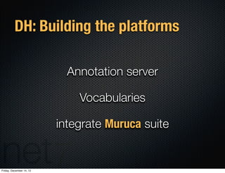 DH: Building the platforms

                            Annotation server

                              Vocabularies

   ...