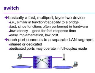 switch
basically a fast, multiport, layer-two device
 i.e., similar in function/capability to a bridge
 fast, since functions often performed in hardware
 low latency -- good for fast response time
 easy implementation, low cost
each port connects to a separate LAN segment
 shared or dedicated
 dedicated ports may operate in full-duplex mode
 