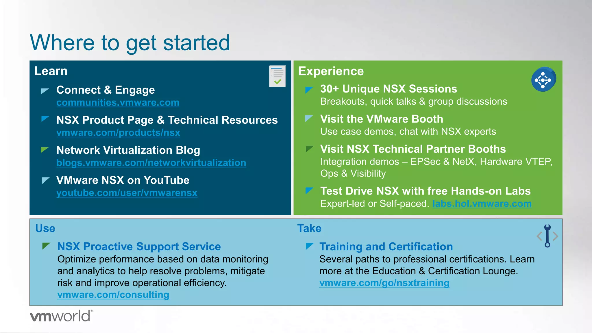 Learn
Connect & Engage
communities.vmware.com
NSX Product Page & Technical Resources
vmware.com/products/nsx
Network Virtualization Blog
blogs.vmware.com/networkvirtualization
VMware NSX on YouTube
youtube.com/user/vmwarensx
Where to get started
Experience
30+ Unique NSX Sessions
Breakouts, quick talks & group discussions
Visit the VMware Booth
Use case demos, chat with NSX experts
Visit NSX Technical Partner Booths
Integration demos – EPSec & NetX, Hardware VTEP,
Ops & Visibility
Test Drive NSX with free Hands-on Labs
Expert-led or Self-paced. labs.hol.vmware.com
Use
NSX Proactive Support Service
Optimize performance based on data monitoring
and analytics to help resolve problems, mitigate
risk and improve operational efficiency.
vmware.com/consulting
Take
Training and Certification
Several paths to professional certifications. Learn
more at the Education & Certification Lounge.
vmware.com/go/nsxtraining
 