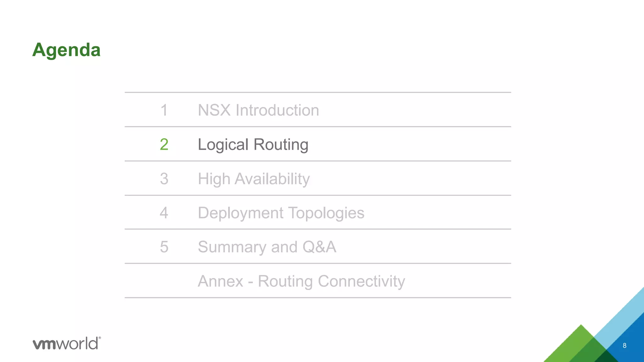 Agenda
8
1 NSX Introduction
2 Logical Routing
3 High Availability
4 Deployment Topologies
5 Summary and Q&A
Annex - Routing Connectivity
 