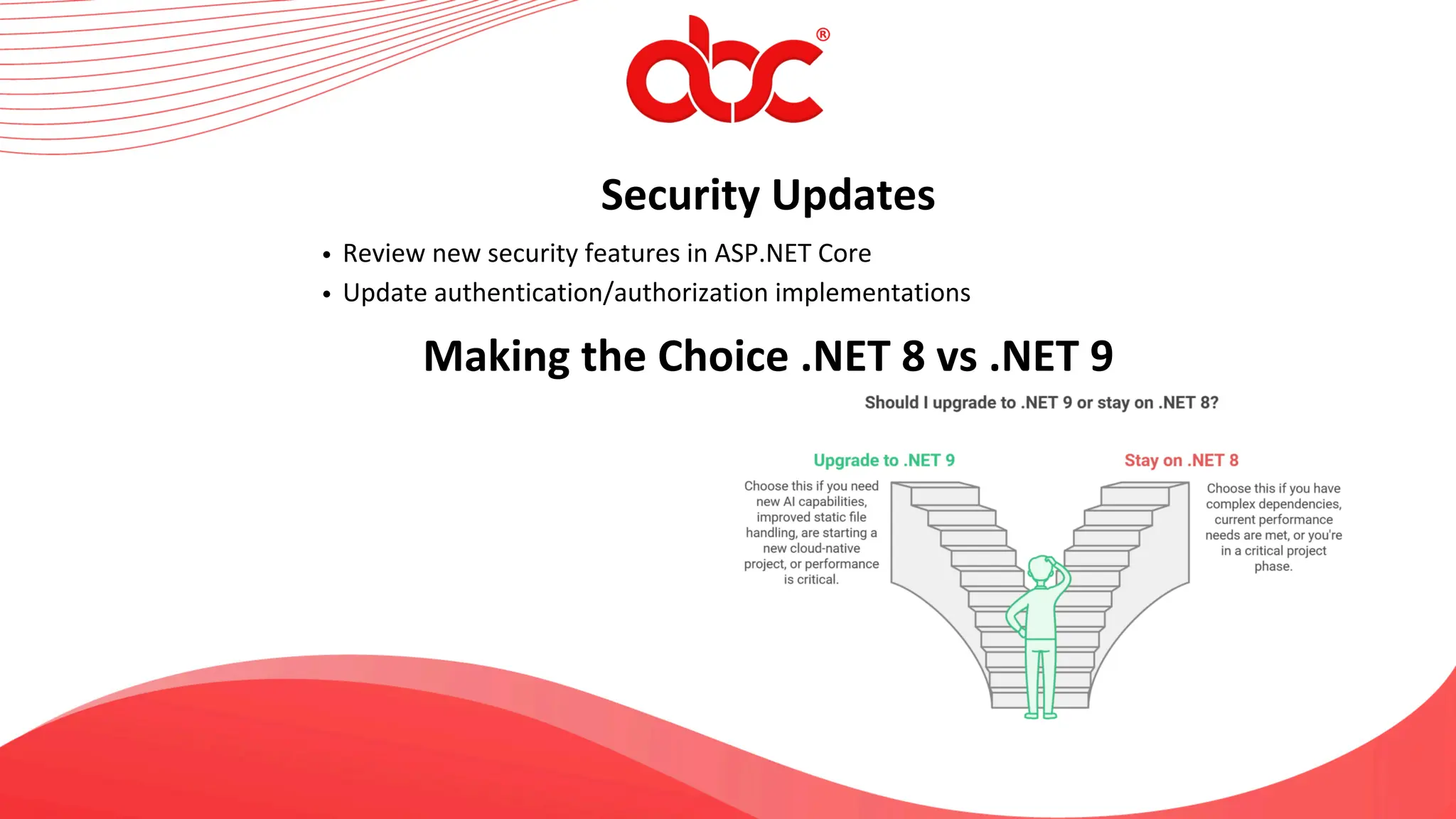 Security Updates
Review new security features in ASP.NET Core
Update authentication/authorization implementations
Making the Choice .NET 8 vs .NET 9
 