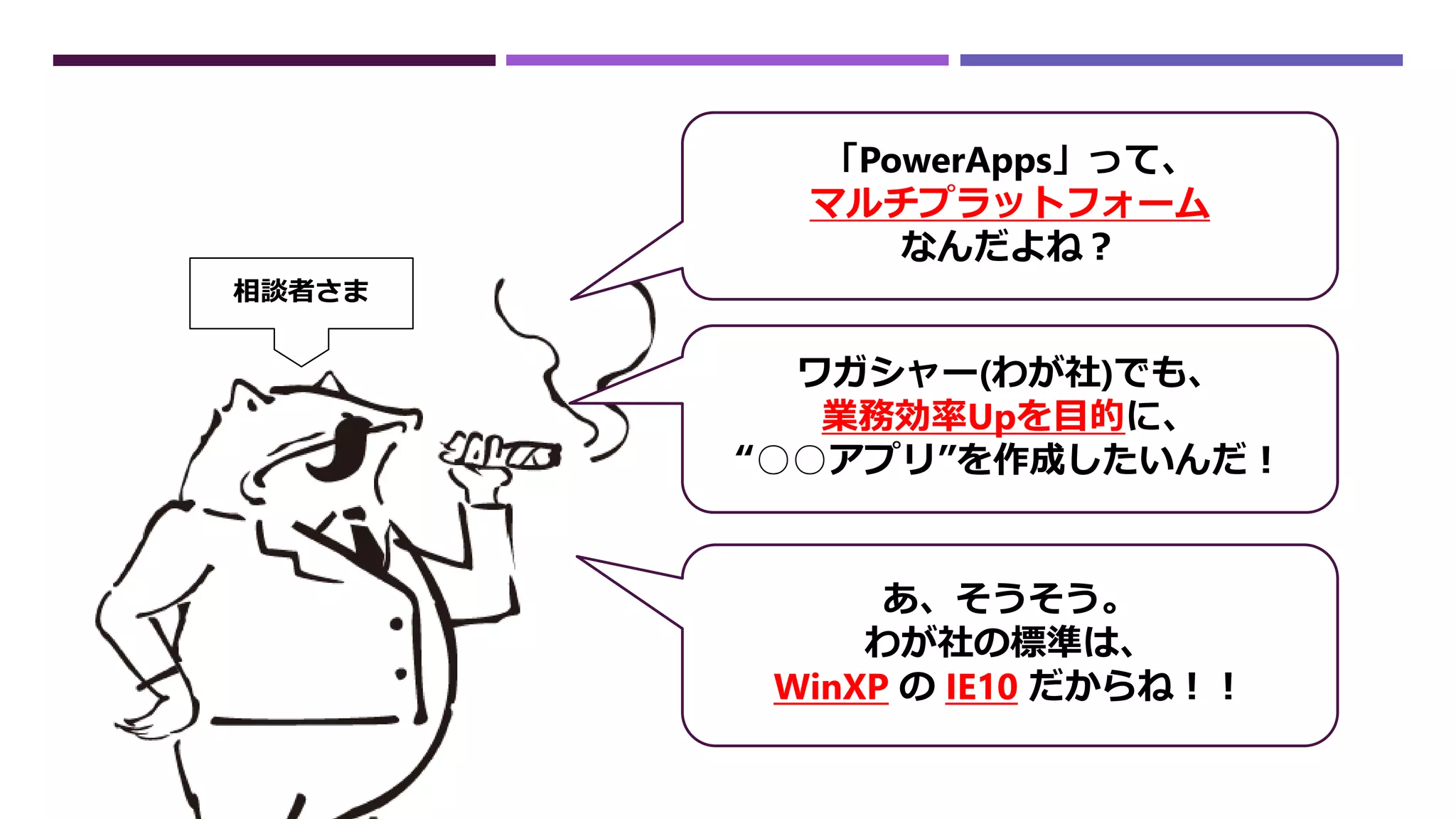 「PowerApps」って、
マルチプラットフォーム
なんだよね？
ワガシャー(わが社)でも、
業務効率Upを目的に、
“○○アプリ”を作成したいんだ！
あ、そうそう。
わが社の標準は、
WinXP の IE10 だからね！！
相談者さま
 