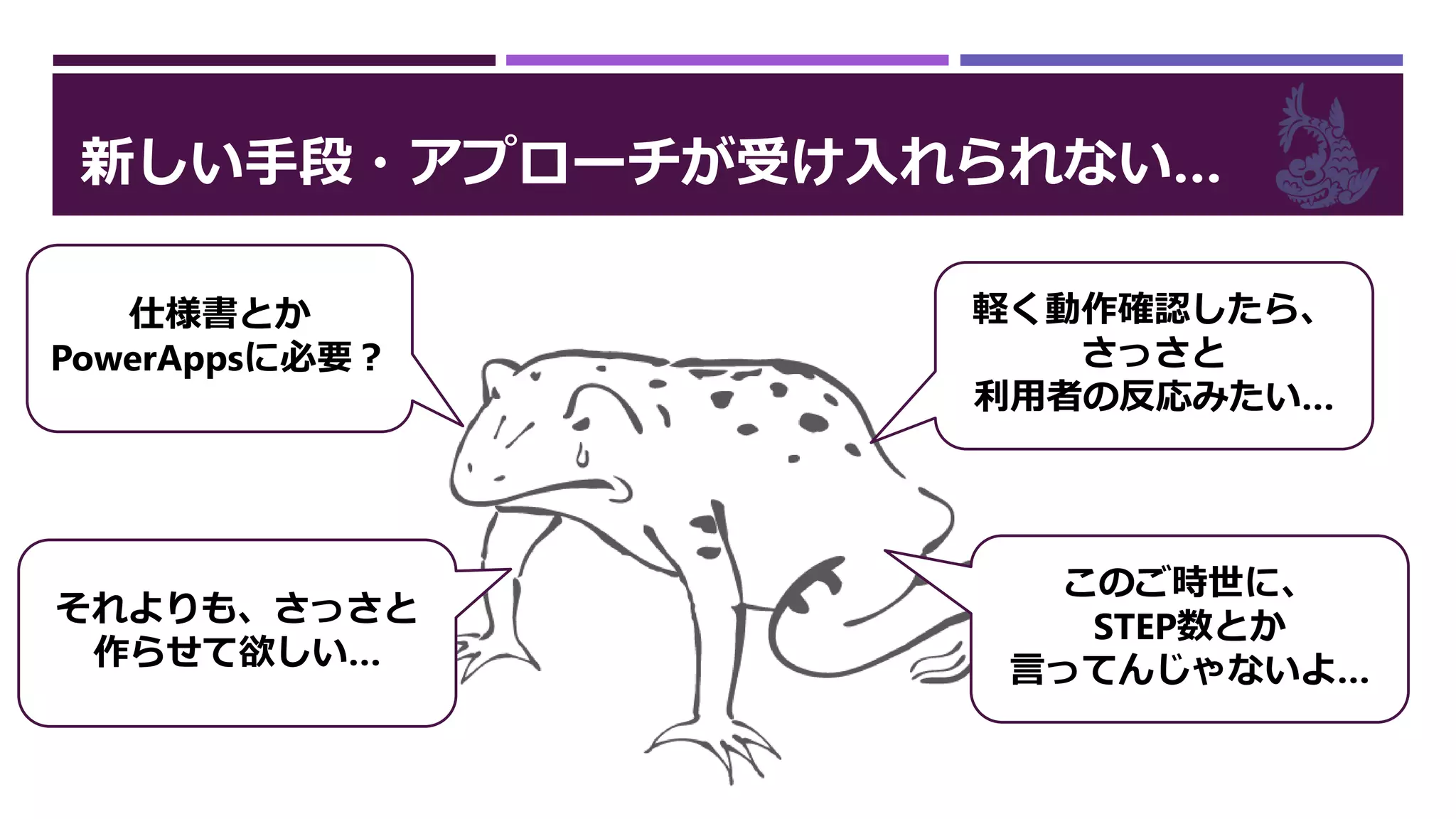 新しい手段・アプローチが受け入れられない…
仕様書とか
PowerAppsに必要？
それよりも、さっさと
作らせて欲しい…
このご時世に、
STEP数とか
言ってんじゃないよ…
軽く動作確認したら、
さっさと
利用者の反応みたい…
 