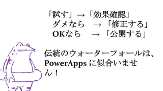 「試す」→「効果確認」
ダメなら → 「修正する」
OKなら → 「公開する」
伝統のウォーターフォールは、
PowerApps に似合いませ
ん！
 