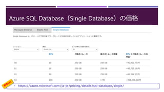 Azure SQL Database（Single Database）の価格
• https://azure.microsoft.com/ja-jp/pricing/details/sql-database/single/
 
