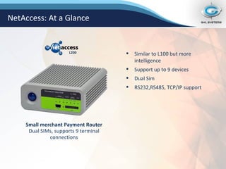 Similar to L100 but more intelligence Support up to 9 devices Dual Sim RS232,RS485, TCP/IP support Small merchant Payment Router Dual SIMs, supports 9 terminal connections NetAccess: At a Glance L200 
