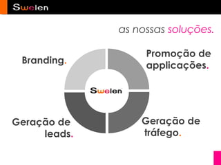 as nossas soluções.

                   Promoção de
 Branding.
                   applicações.




Geração de        Geração de
     leads.       tráfego.
 
