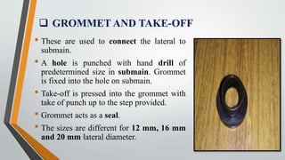  GROMMET AND TAKE-OFF
• These are used to connect the lateral to
submain.
• A hole is punched with hand drill of
predetermined size in submain. Grommet
is fixed into the hole on submain.
• Take-off is pressed into the grommet with
take of punch up to the step provided.
• Grommet acts as a seal.
• The sizes are different for 12 mm, 16 mm
and 20 mm lateral diameter.
 
