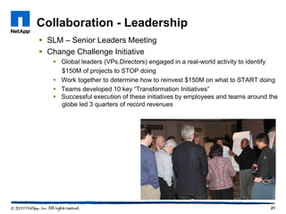 Collaboration - Leadership
 SLM – Senior Leaders Meeting
 Change Challenge Initiative
    Global leaders (VPs,Directors) engaged in a real-world activity to identify
     $150M of projects to STOP doing
    Work together to determine how to reinvest $150M on what to START doing
    Teams developed 10 key “Transformation Initiatives”
    Successful execution of these initiatives by employees and teams around the
     globe led 3 quarters of record revenues




                                                                             21
 