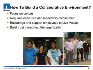 How To Build a Collaborative Environment?
   Focus on culture
   Requires executive and leadership commitment
   Encourage and support employees to Live Values
   Build trust throughout the organization




                                                     22
 