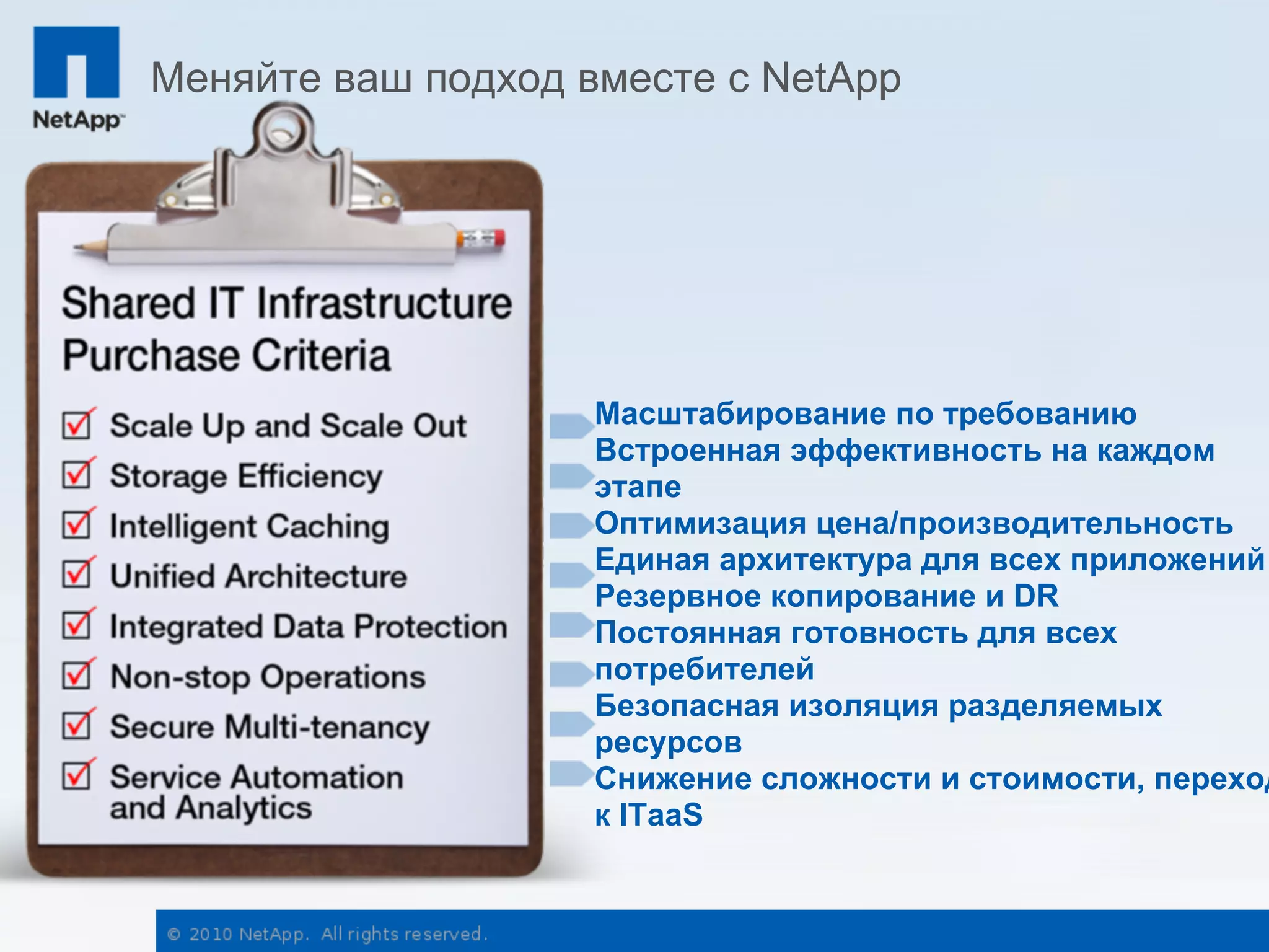 Меняйте ваш подход вместе с NetApp




                    Масштабирование по требованию
                    Встроенная эффективность на каждом
                    этапе
                    Оптимизация цена/производительность
                    Единая архитектура для всех приложений
                    Резервное копирование и DR
                    Постоянная готовность для всех
                    потребителей
                    Безопасная изоляция разделяемых
                    ресурсов
                    Снижение сложности и стоимости, переход
                    к ITaaS
 