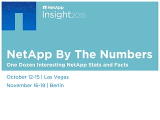 NetApp By The Numbers
​ October 12-15 | Las Vegas
​ November 16-19 | Berlin
​ One Dozen Interesting NetApp Stats and Facts
 