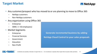 1405002
Confidential and proprietary information of Ingram Micro Inc. — Do not distribute or duplicate without Ingram Micro's express written permission. 16
• Any customer/prospect who has moved to or are planning to move to Office 365
• NetApp customers
• Non-NetApp customers
• Any organization using Office 365
• Enterprise
• SMB ( >= 50 employees)
• Market Segments
• Enterprise
• Financial Services
• Government
• Education
• Non-Profit
Target Market
Generate incremental business by adding
NetApp Cloud Control to your sales proposals
 