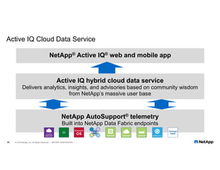 Active IQ Cloud Data Service
46 © 2018 NetApp, Inc. All Rights Reserved. — NETAPP CONFIDENTIAL —
NetApp® Active IQ® web and mobile app
Active IQ hybrid cloud data service
Delivers analytics, insights, and advisories based on community wisdom
from NetApp’s massive user base
NetApp AutoSupport® telemetry
Built into NetApp Data Fabric endpoints
 